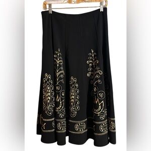 Sunny Leigh Black Gold Embroidered Sequin A-Line Midi Skirt Size 6.